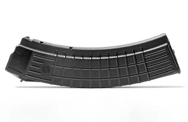 High-capacity black polymer magazine designed for 545x39mm firearms, featuring ribbed grip and smooth feeding.