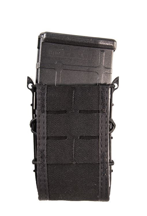 Durable black nylon tactical magazine pouch for rapid access and secure storage in tactical situations.