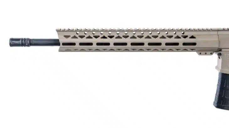 Sleek FDE .308 Battle Rifle with customizable rail and ergonomic grip for tactical performance.