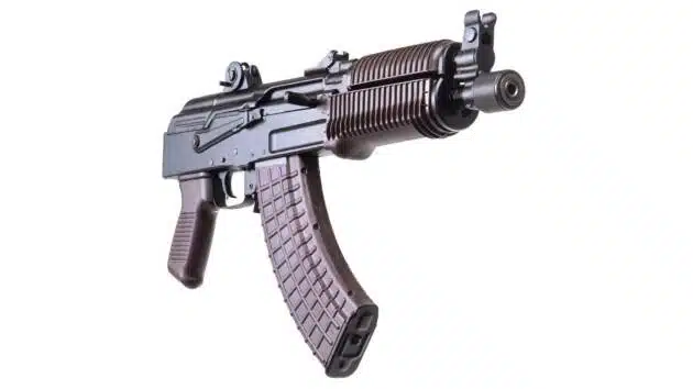 Arsenal SAM7K AK pistol with plum furniture, 30-round magazine, combines classic reliability and modern ergonomics.