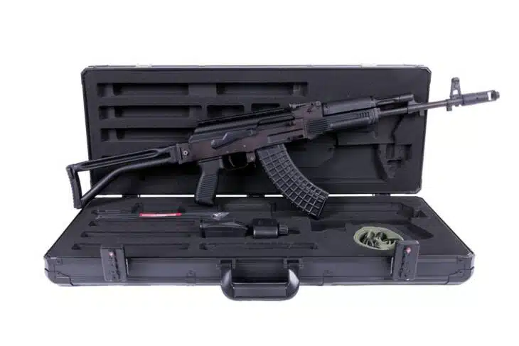 Arsenal SAM7SF AK47 package with hard case, 30-round magazine, and accessory rail for tactical use.