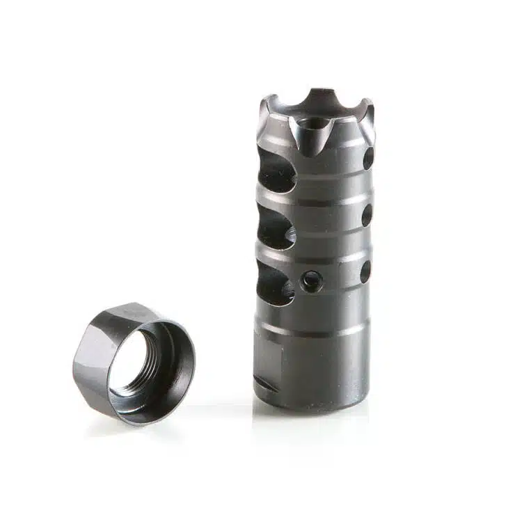 Durable cylindrical muzzle accessory with cap for firearms, enhancing accuracy and reducing muzzle rise.