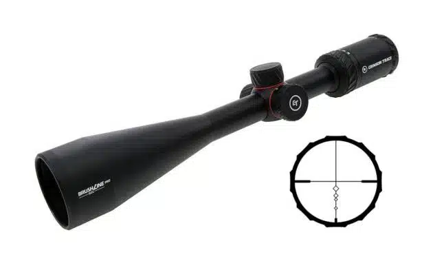 Matte black rifle scope with wide lens, precision reticle, perfect for hunting and shooting.