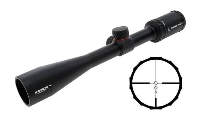 Sleek black rifle scope with red accents, designed for precision aiming and easy adjustments.