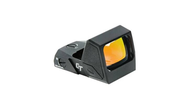 Durable compact reflex red dot sight with adjustable settings for enhanced shooting accuracy.