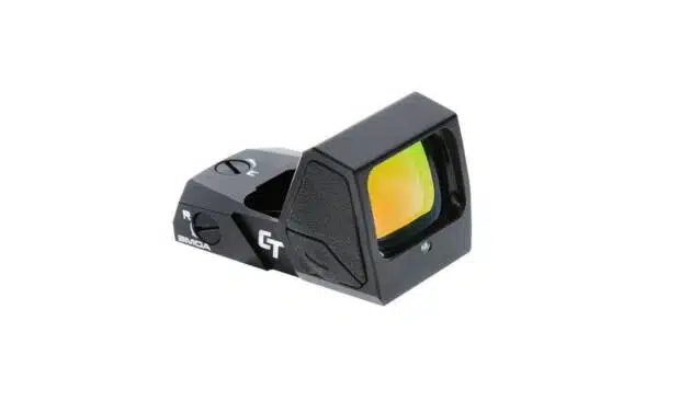 Durable red dot sight for firearms, featuring anti-reflective lens and illuminated reticle for precision.