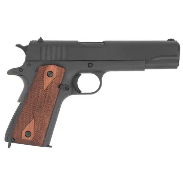 Elegant matte black semi-automatic pistol with wooden grips inspired by the classic 1911 design.