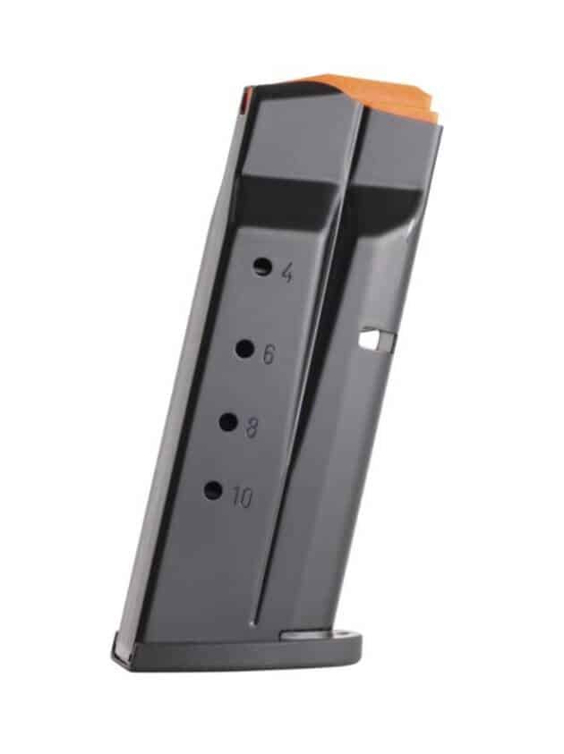 Durable black handgun magazine with capacity markings and safety features for reliable performance.