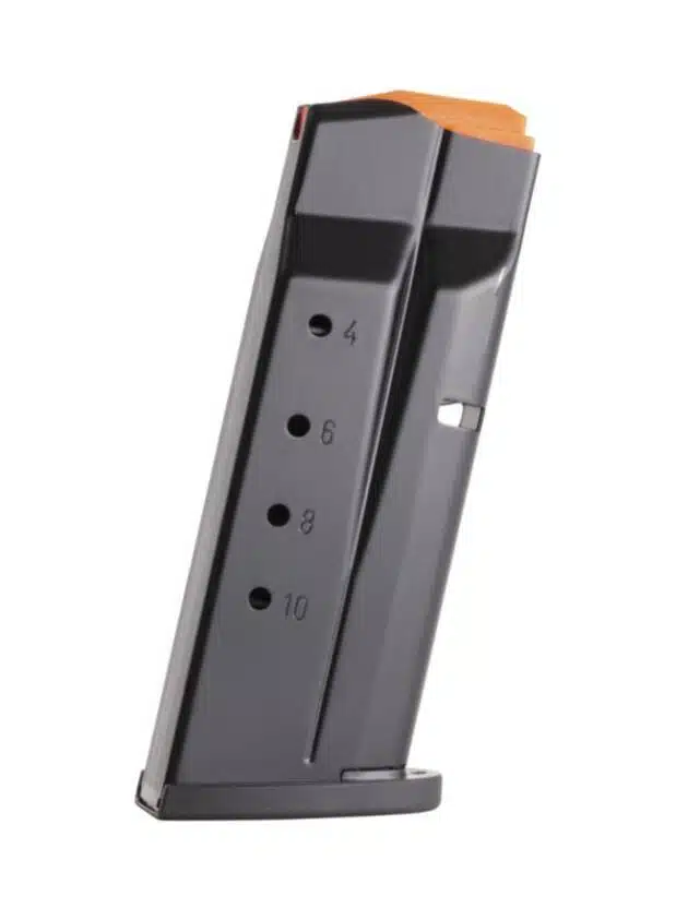 Durable black handgun magazine with capacity markings and safety features for reliable performance.