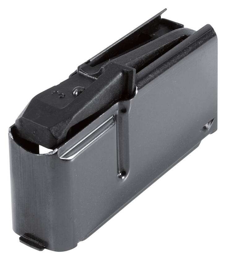 Durable black metal firearm magazine with polymer follower for reliable, efficient ammo feeding.