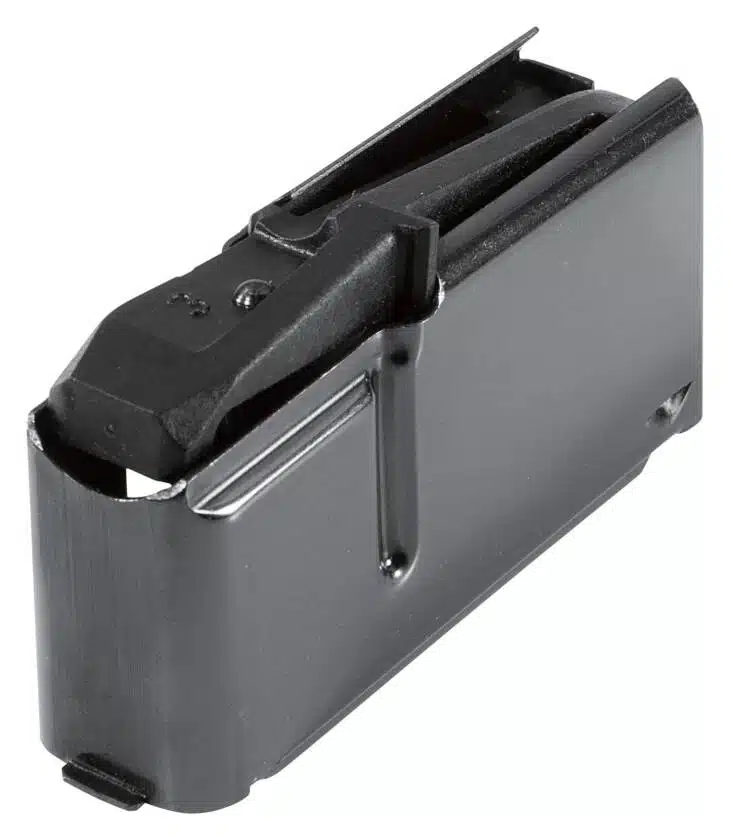 Durable black metal firearm magazine with polymer follower for reliable, efficient ammo feeding.