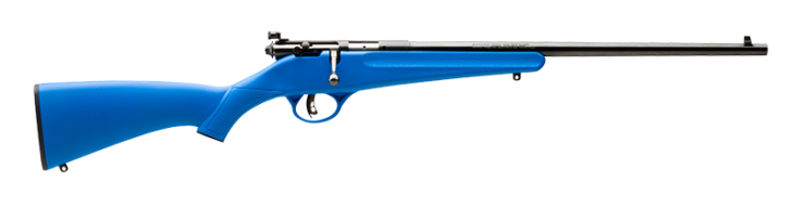 Vibrant blue rifle with sleek design and polished metal accents for precision shooting.