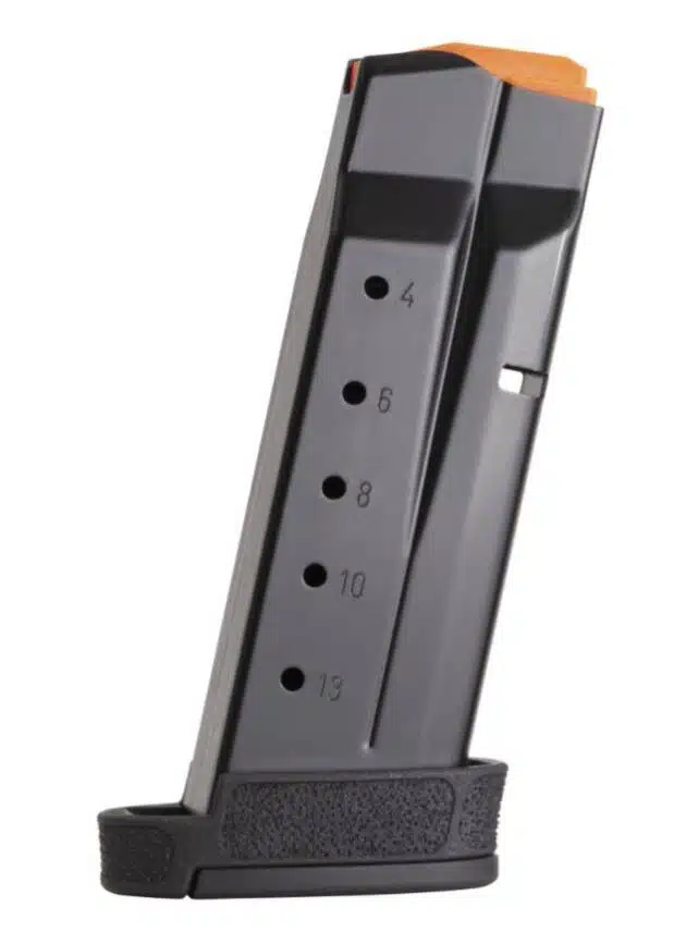 Durable firearm magazine with capacity indicators and textured grip for secure handling and performance.