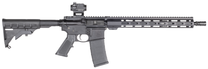 Sleek tactical rifle with adjustable stock, ergonomic grip, and versatile red dot sight for precision shooting.