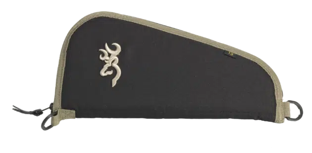 Durable black rifle case with secure closures and stylish antler logo for outdoor protection.