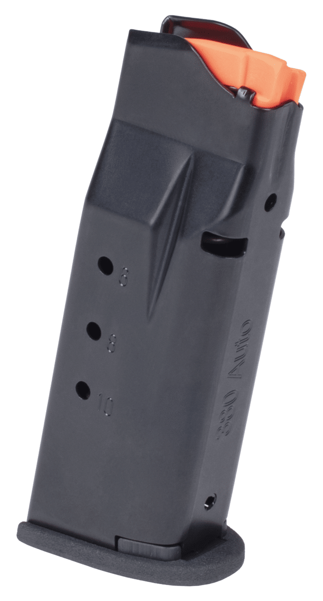 Lightweight polymer semi-automatic pistol magazine with capacity indicator and safety orange follower.