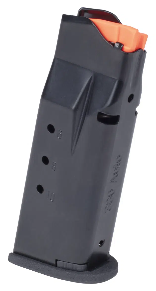 Lightweight polymer semi-automatic pistol magazine with capacity indicator and safety orange follower.