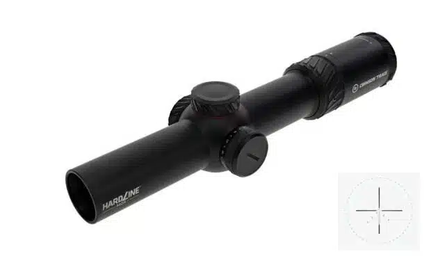 Compact matte black rifle scope with adjustable magnification and reticle for precise targeting.