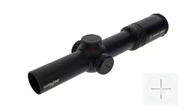 Compact matte black rifle scope with adjustable magnification and reticle for precise targeting.
