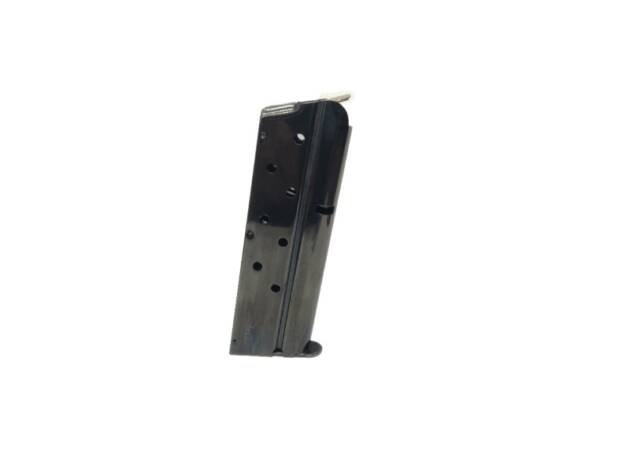 Reliable single-stack metal magazine for 1911 pistols with visual indicators and compact design.