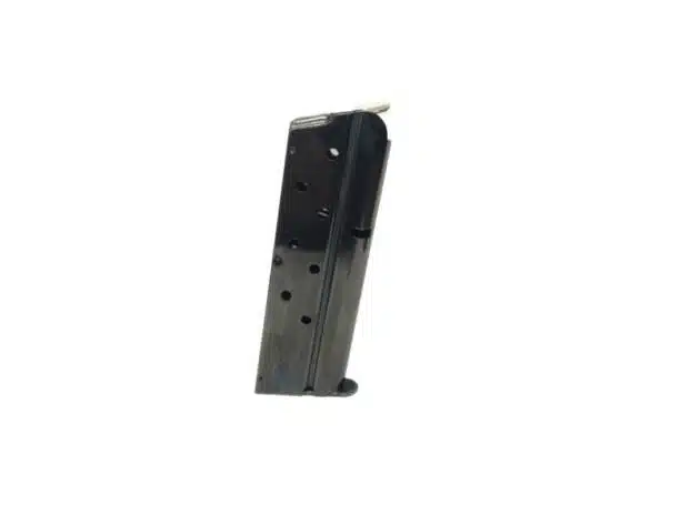 Reliable single-stack metal magazine for 1911 pistols with visual indicators and compact design.