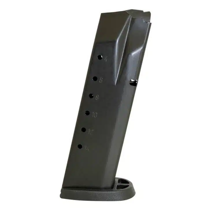 Reliable handgun magazine with capacity indicators, made for smooth feeding and durability.