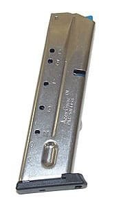 Polished steel firearm magazine with witness holes, blue follower, and removable base plate for maintenance.