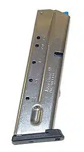 Polished steel firearm magazine with witness holes, blue follower, and removable base plate for maintenance.