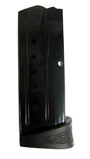 Sleek black firearm magazine with round indicators and textured grip for efficient, reliable use.