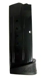 Sleek black firearm magazine with round indicators and textured grip for efficient, reliable use.