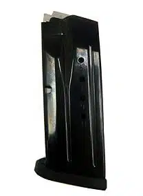 Durable black metal pistol magazine with round indicator for easy tracking—Model 19454.