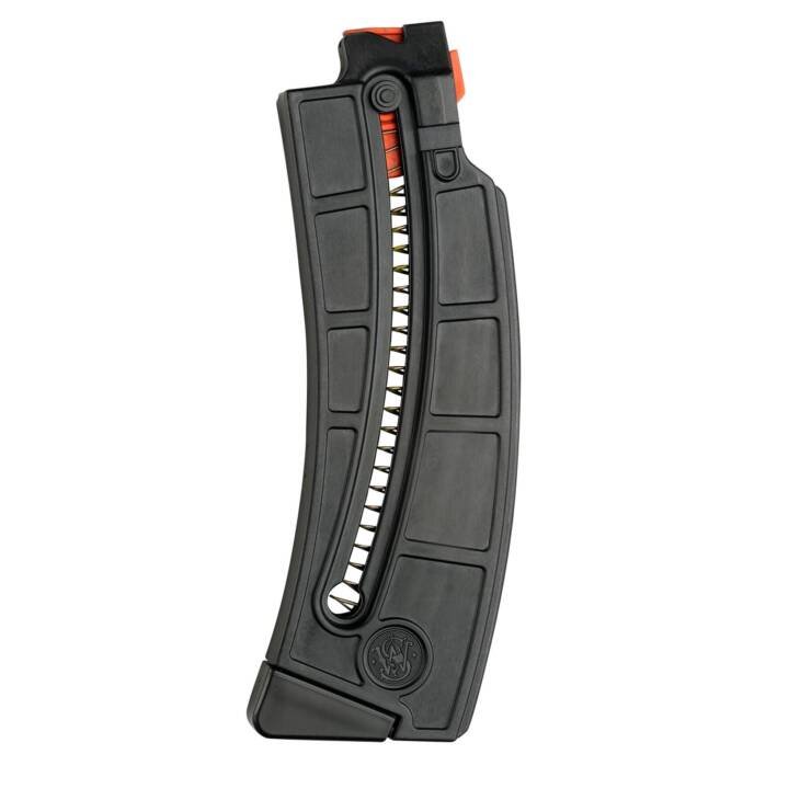 Curved polymer rifle magazine with round indicators and safety tab for reliable ammunition feeding.