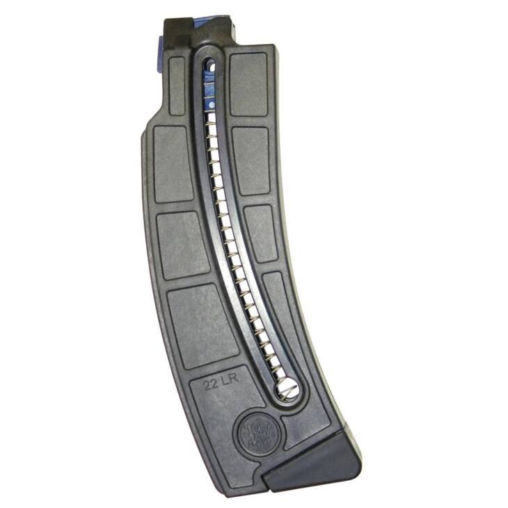 Curved black firearm magazine with viewing window for reliable ammo feeding and easy maintenance.