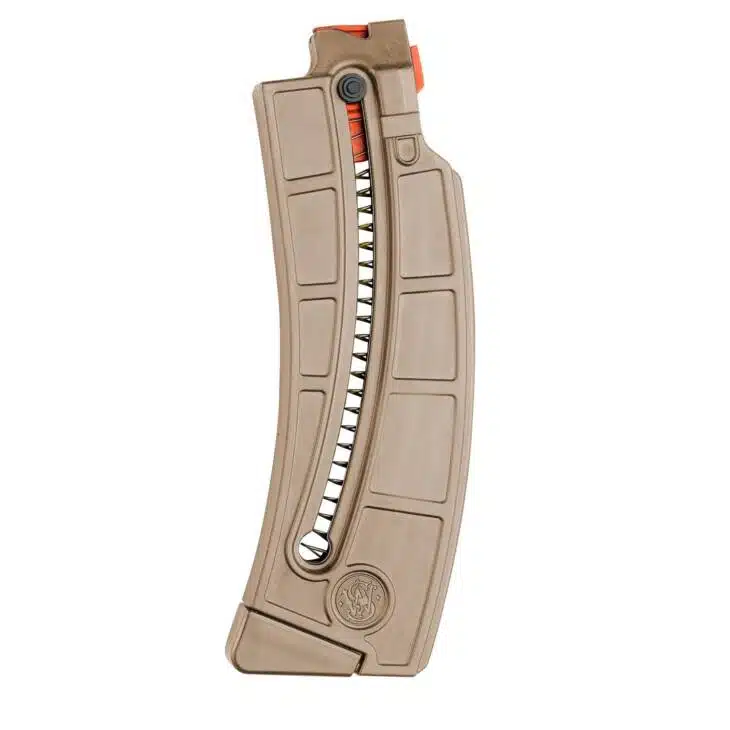 High-capacity curved tactical magazine with orange loading tab for semi-automatic and automatic firearms.
