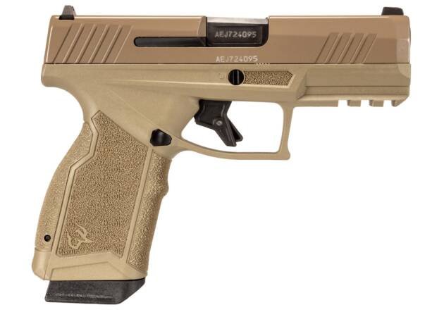 Ergonomic tan semi-automatic handgun with tactical rail, ideal for self-defense and competitive shooting.
