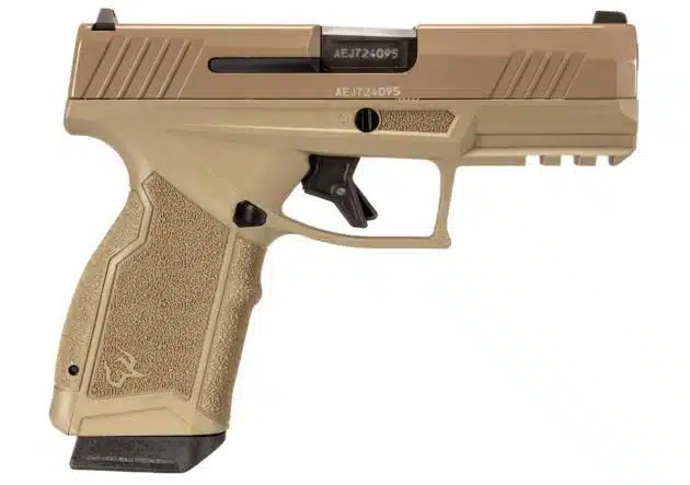 Ergonomic tan semi-automatic handgun with tactical rail, ideal for self-defense and competitive shooting.