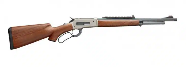 Classic lever-action rifle with elegant wood and silver finish, ideal for hunting and shooting.