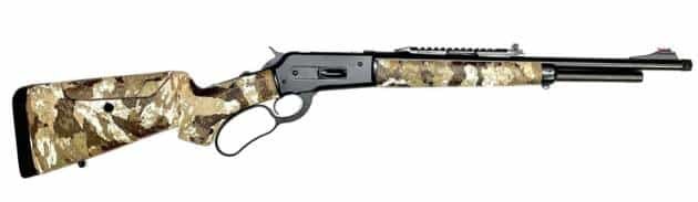 Lever-action rifle with sleek black design and camouflage stock for hunting and outdoor precision.