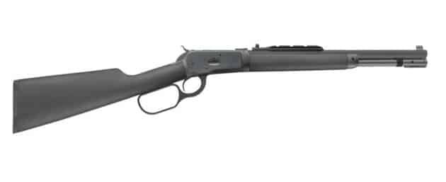 Sleek matte black lever-action rifle with wooden stock, ideal for hunting and sport shooting.