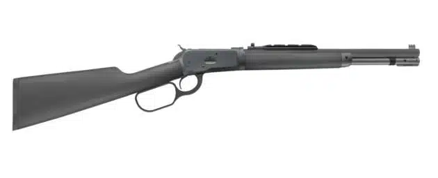 Sleek matte black lever-action rifle with wooden stock, ideal for hunting and sport shooting.