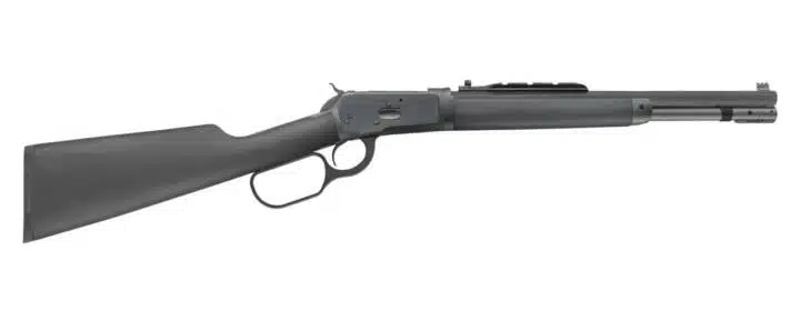 Sleek matte black lever-action rifle with wooden stock, ideal for hunting and sport shooting.