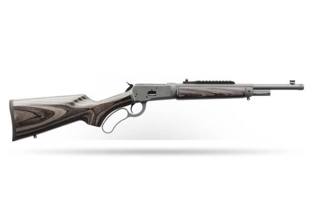 Sleek modern lever-action rifle with ergonomic wood stock and versatile accessory rail.