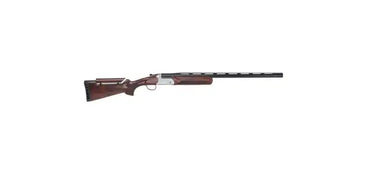 Sleek break-action shotgun with polished wooden stock, perfect for hunting and sport shooting.