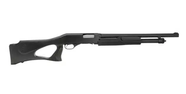 Sleek matte black shotgun, ergonomic design for comfort and stability in hunting and sport shooting.