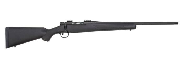 Sleek black bolt-action rifle with scope, ideal for hunting and precision shooting.