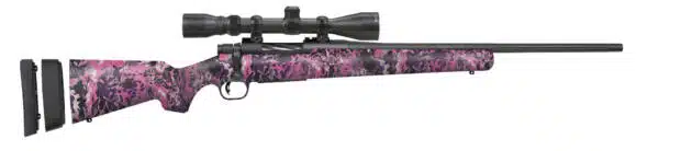 Vibrant pink camo precision rifle with ergonomic features for stylish long-range shooting.