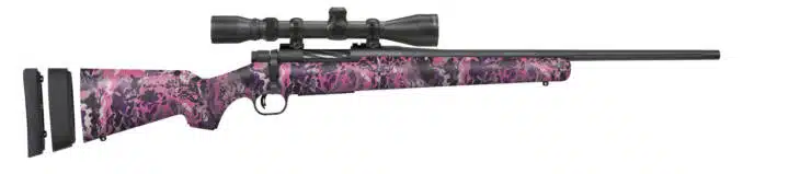 Vibrant pink camo precision rifle with ergonomic features for stylish long-range shooting.