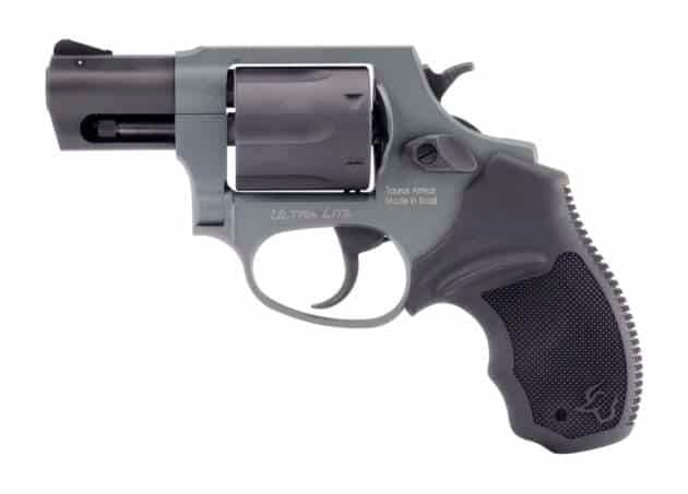 Compact gray revolver with textured grip, short barrel, ideal for personal carry and law enforcement.