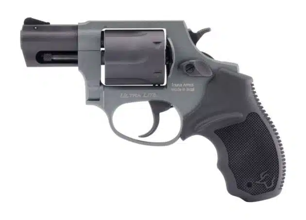 Compact gray revolver with textured grip, short barrel, ideal for personal carry and law enforcement.