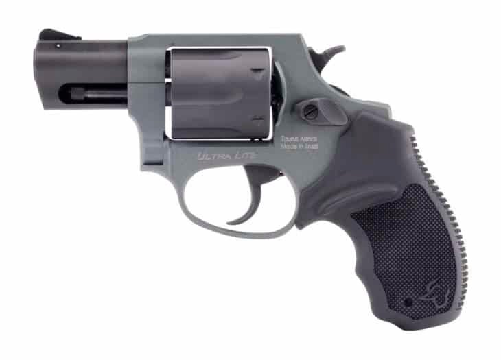 Compact gray revolver with textured grip, short barrel, ideal for personal carry and law enforcement.